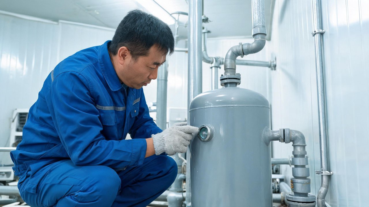 维修师傅检查储液器视液镜