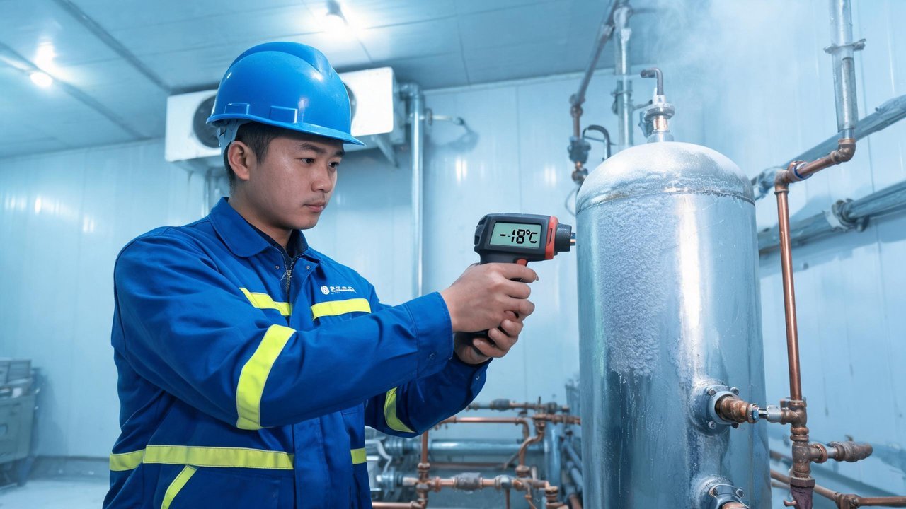 维修师傅用红外测温枪检查储液器 temperature 分布