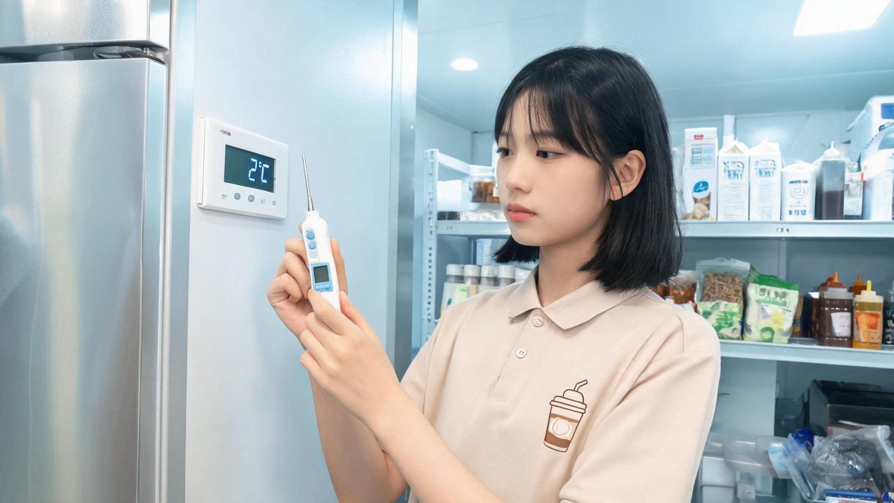 奶茶店员工检查温度计