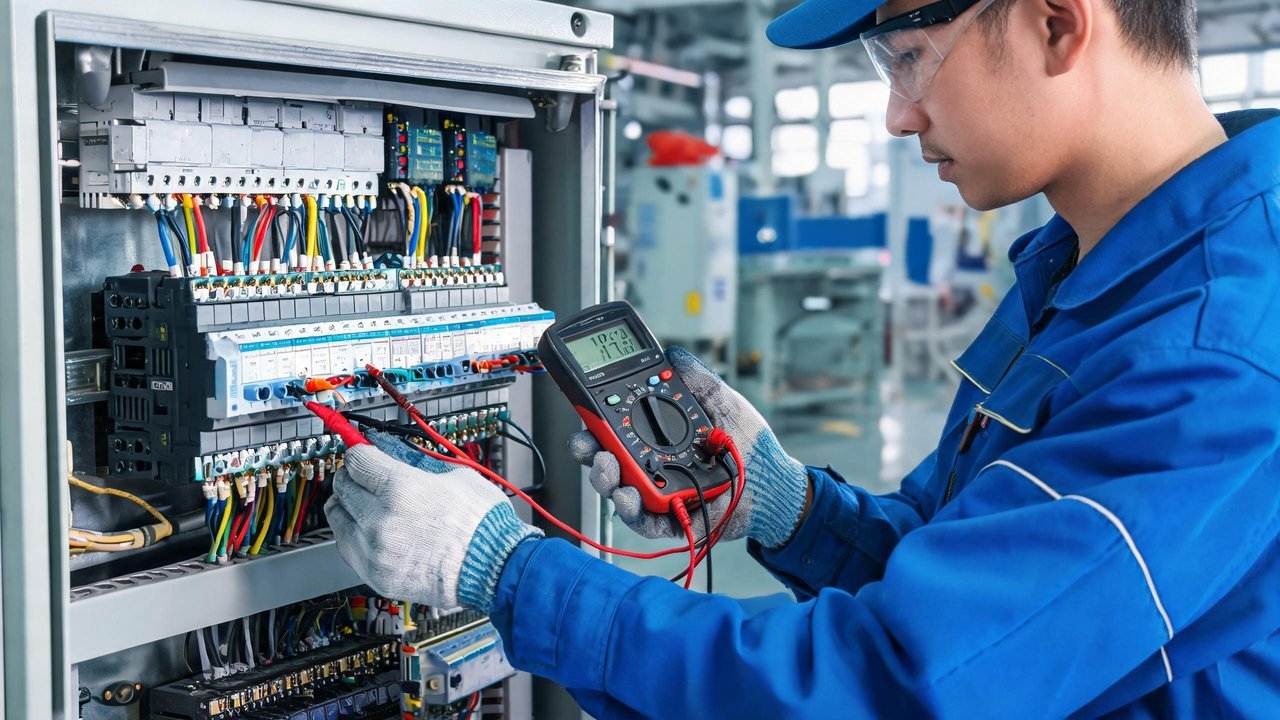 工程师用万用表检测PLC模块