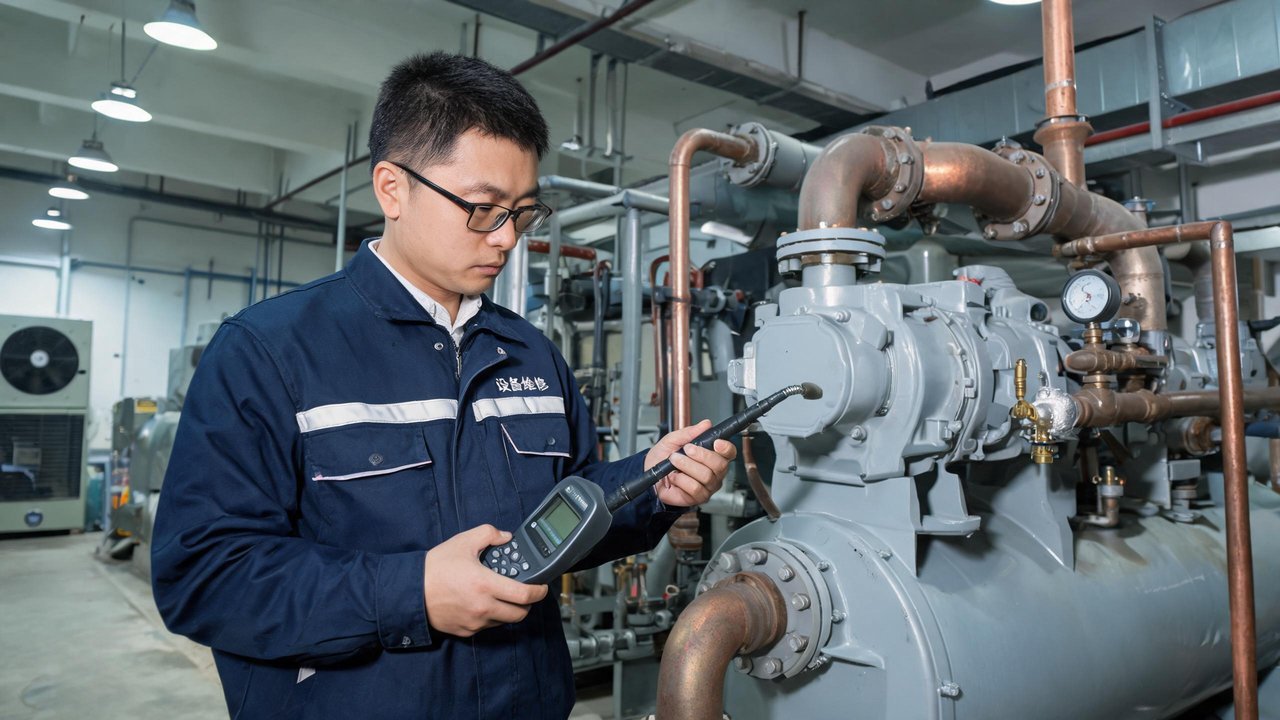 维修工程师在氟制冷压缩机组前用电子检漏仪检修