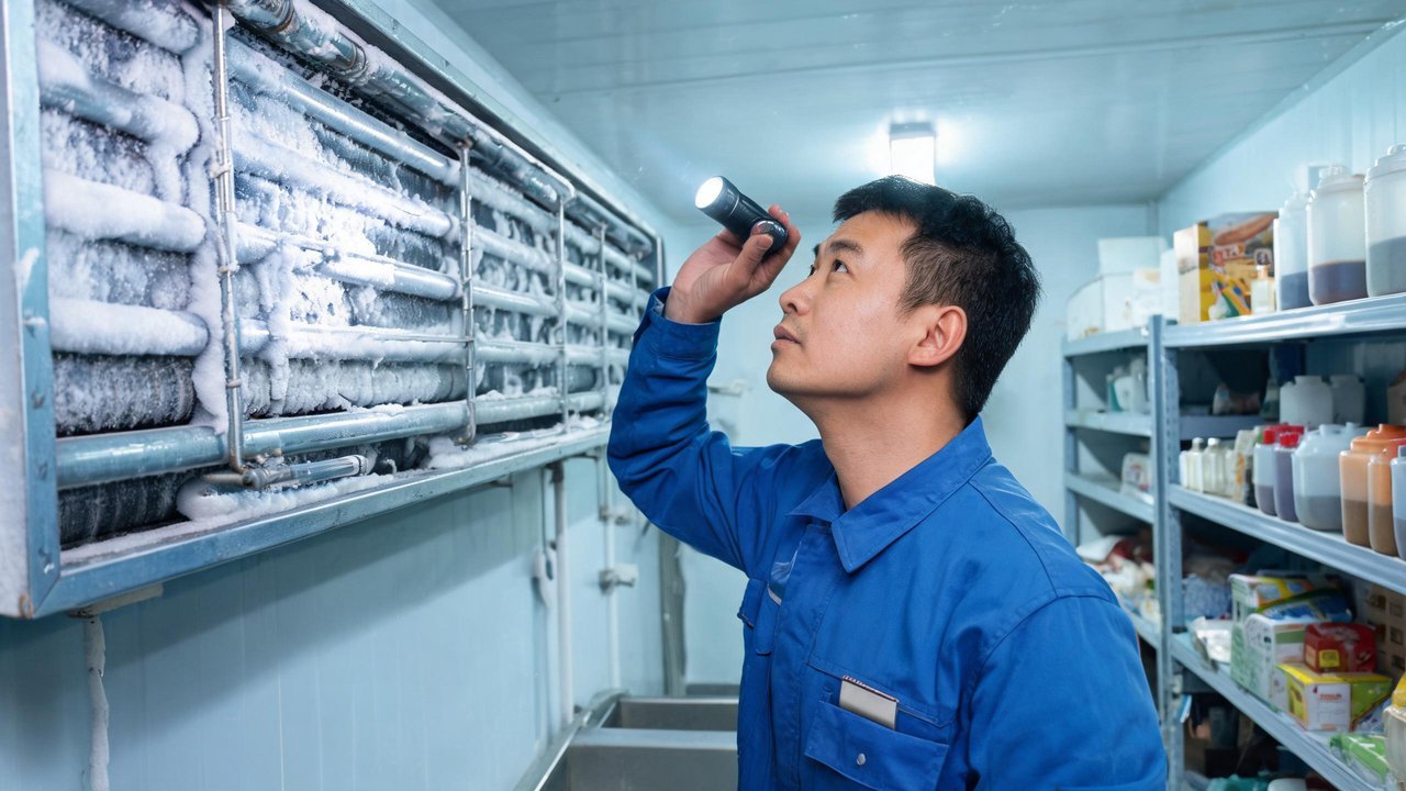 师傅检查奶茶店冷库蒸发器结霜
