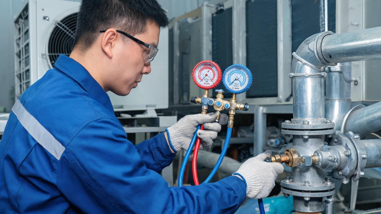 维修师傅用压力表检测制冷系统