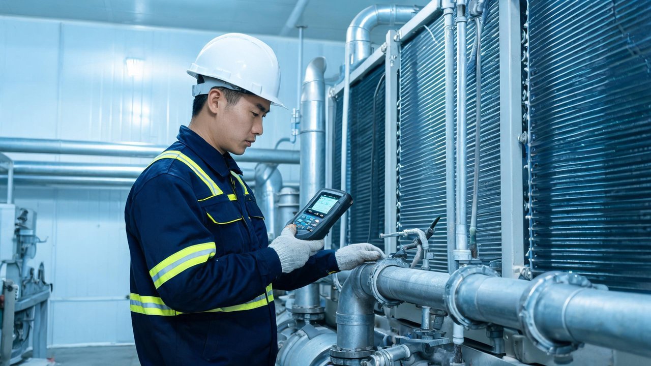 维修工程师检查冷凝器