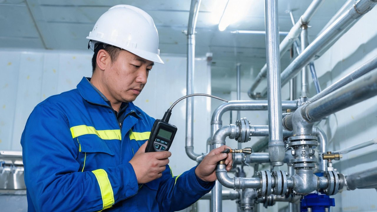 维修师傅用电子检漏仪检测管道