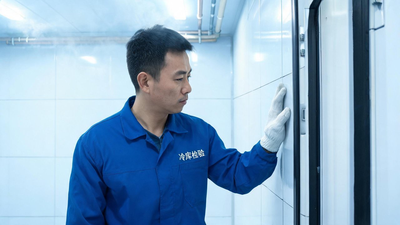 检验人员检查冷库库板与门封