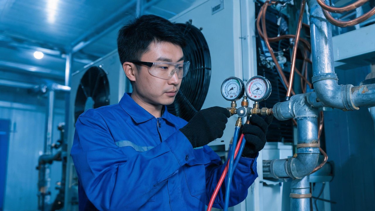 维修师傅用压力表组检测制冷系统