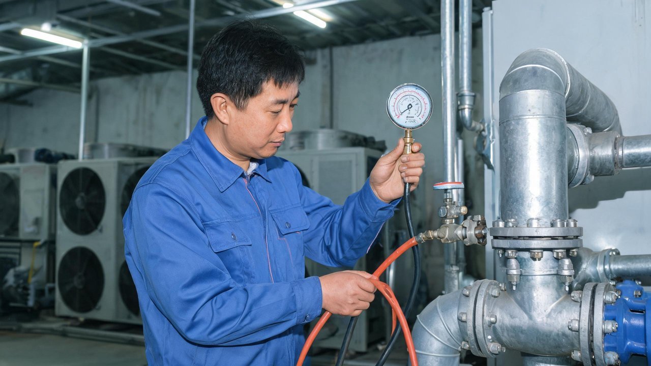 维修师傅用压力表检测