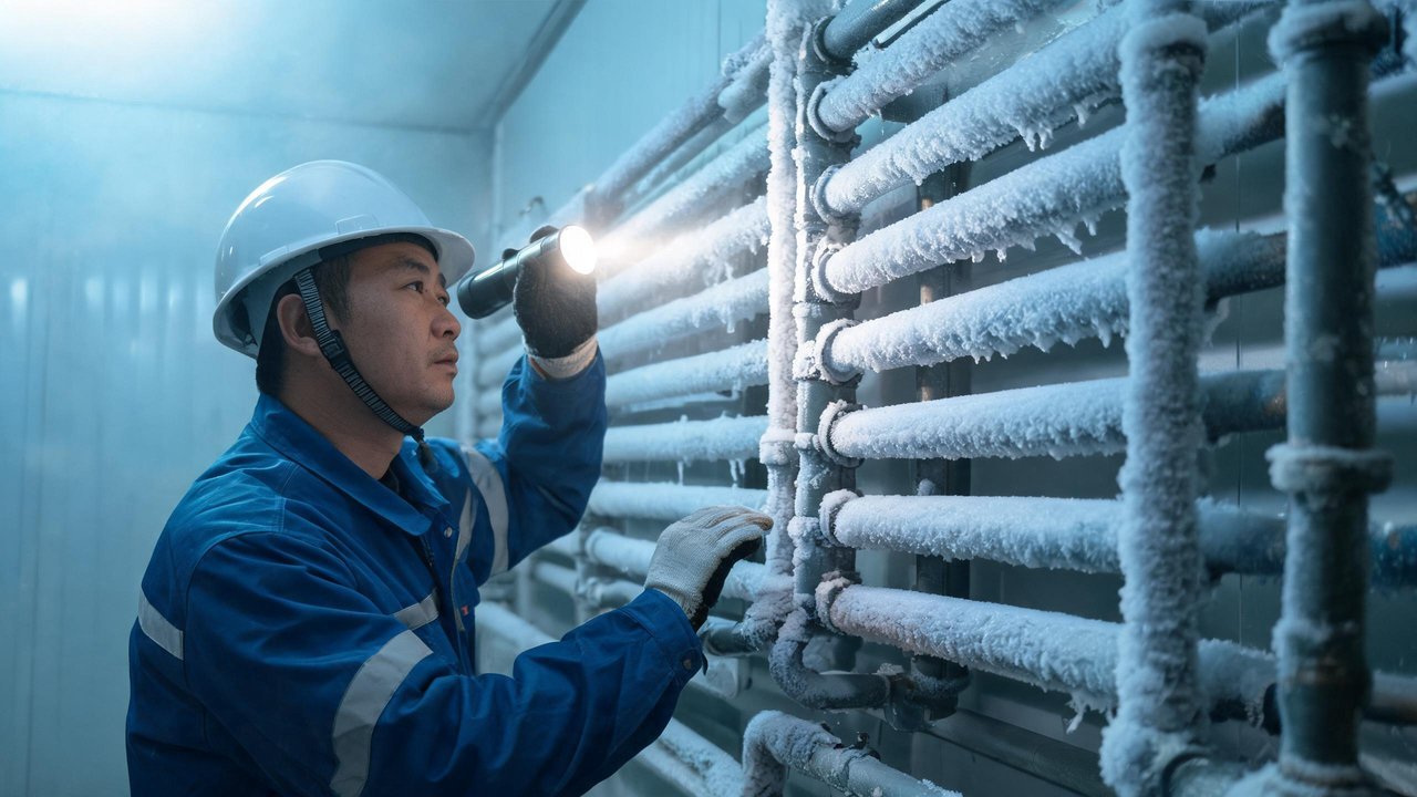 维修人员检修结霜蒸发器排管