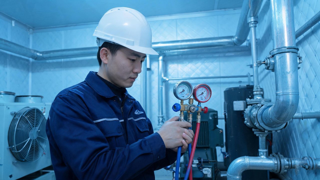 工程师检测制冷系统压力