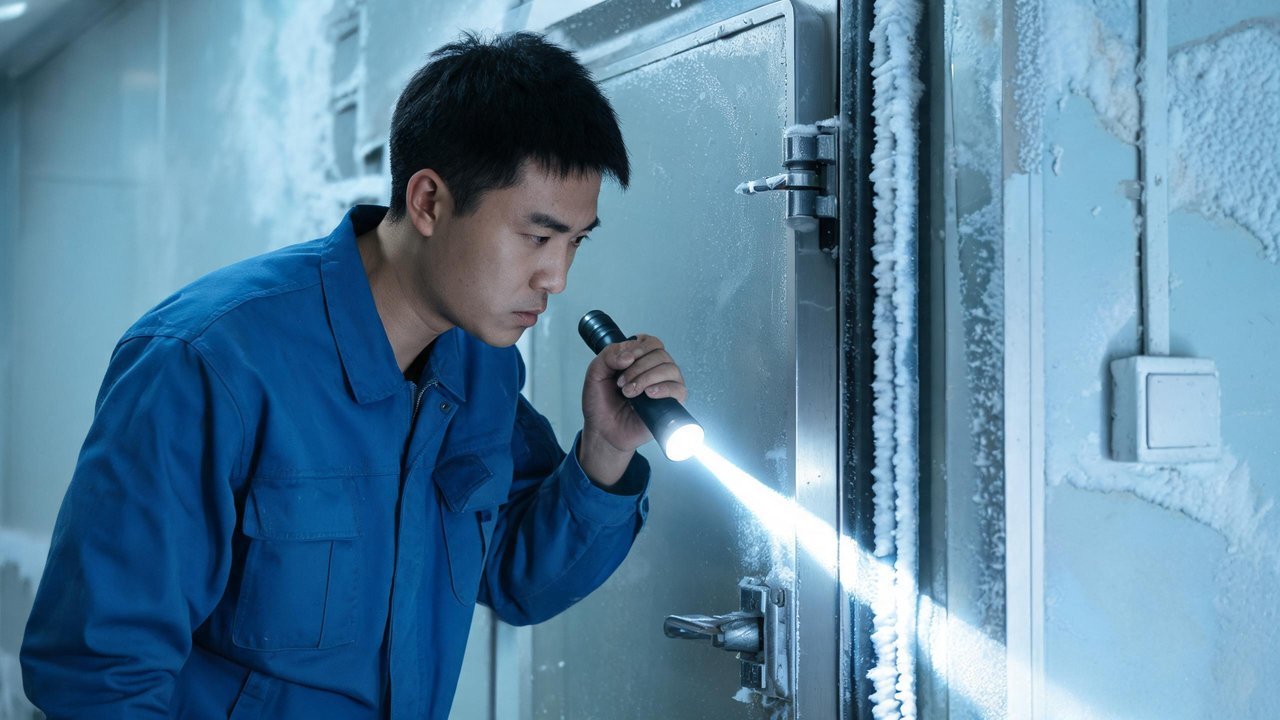 维修人员检查冷库门封