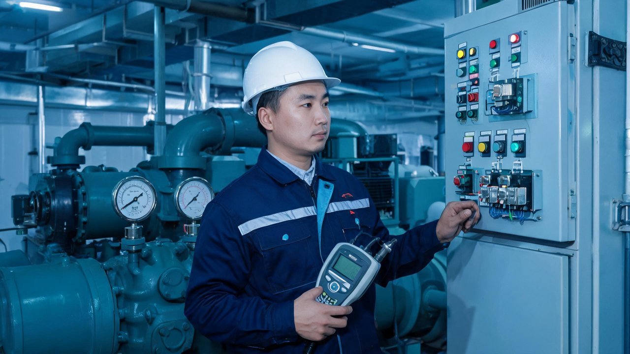 工程师检查压缩机压力表和电气控制系统