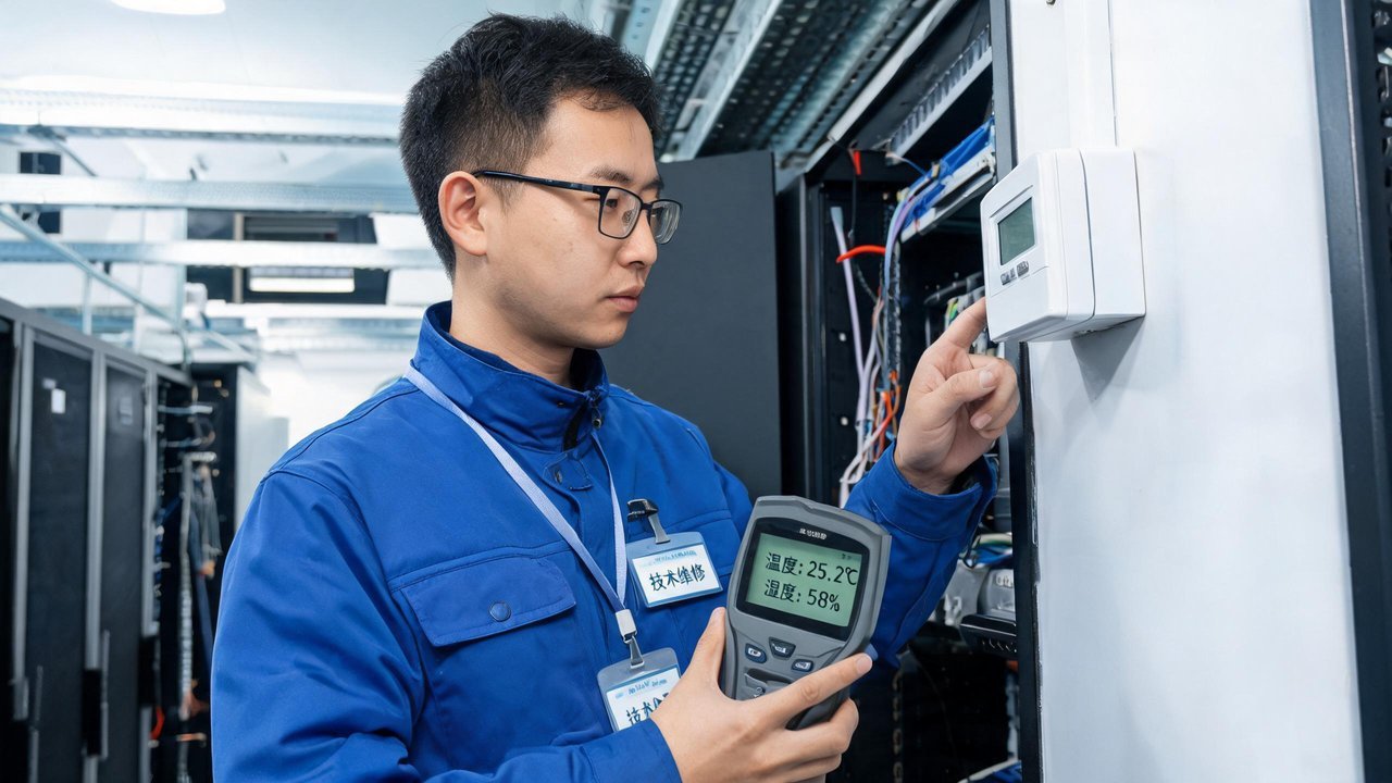 维修工程师检查温湿度传感器