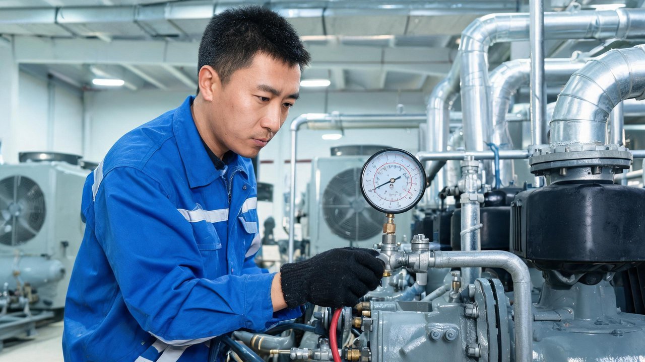 维修师傅正在检测制冷系统压力,东亚中国面孔,中国人物