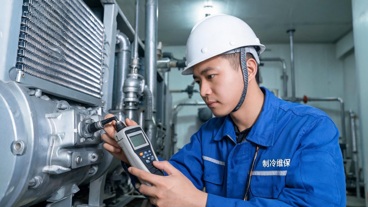 维保工程师用测振仪检查压缩机