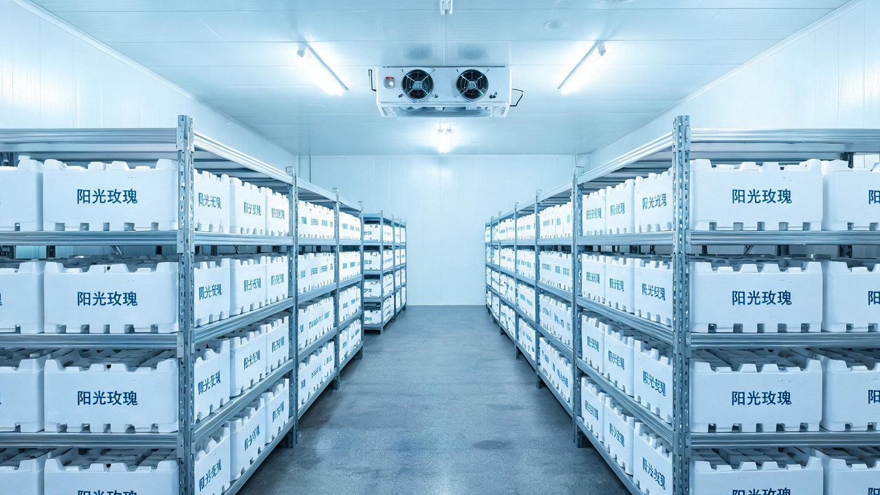 葡萄冷库内部码放的保鲜果箱