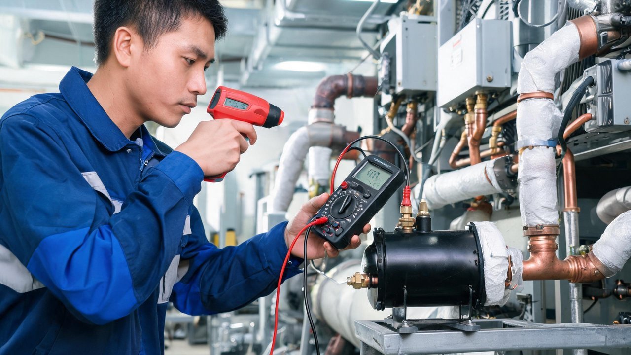 维修技师用测温枪检查电磁阀线圈