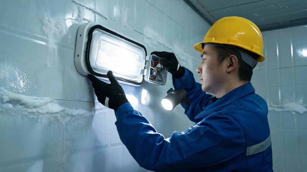 维修师傅检查冷库三防灯密封