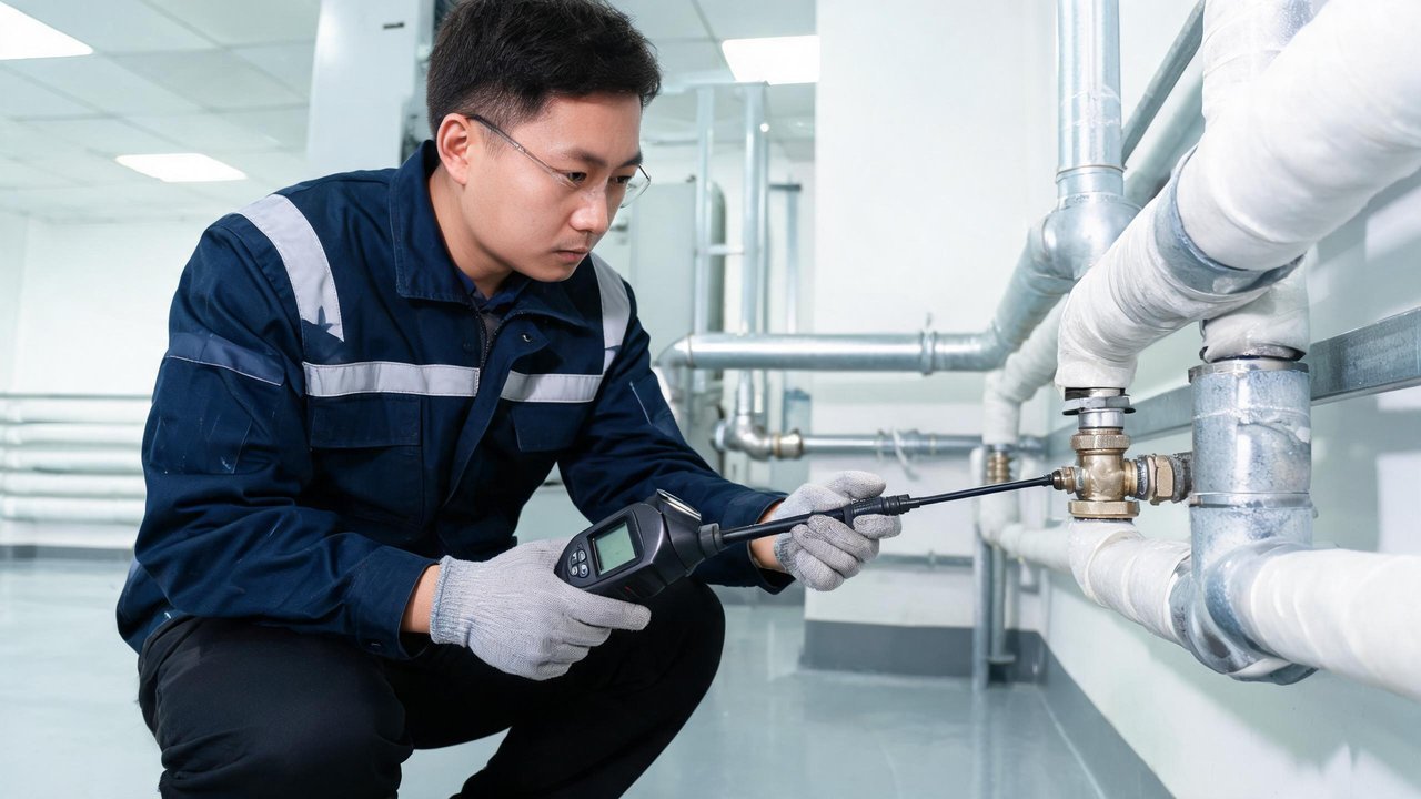 维修师傅手持电子检漏仪检测制冷管路接头