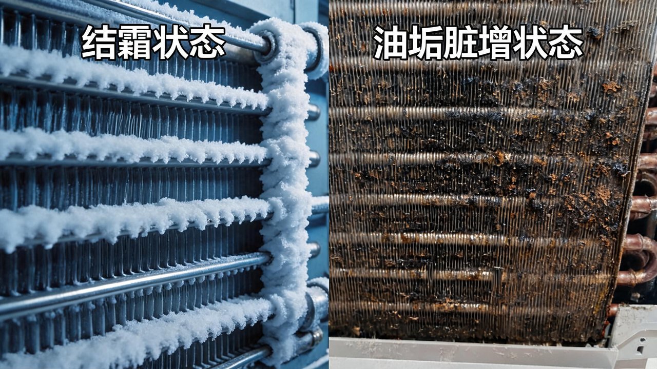 冷风机结霜与油垢脏堵对比