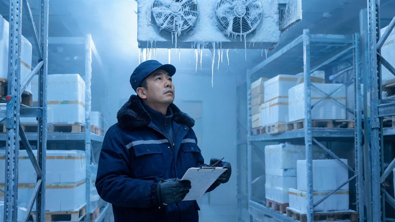 冷库管理员检查冷风机与货物