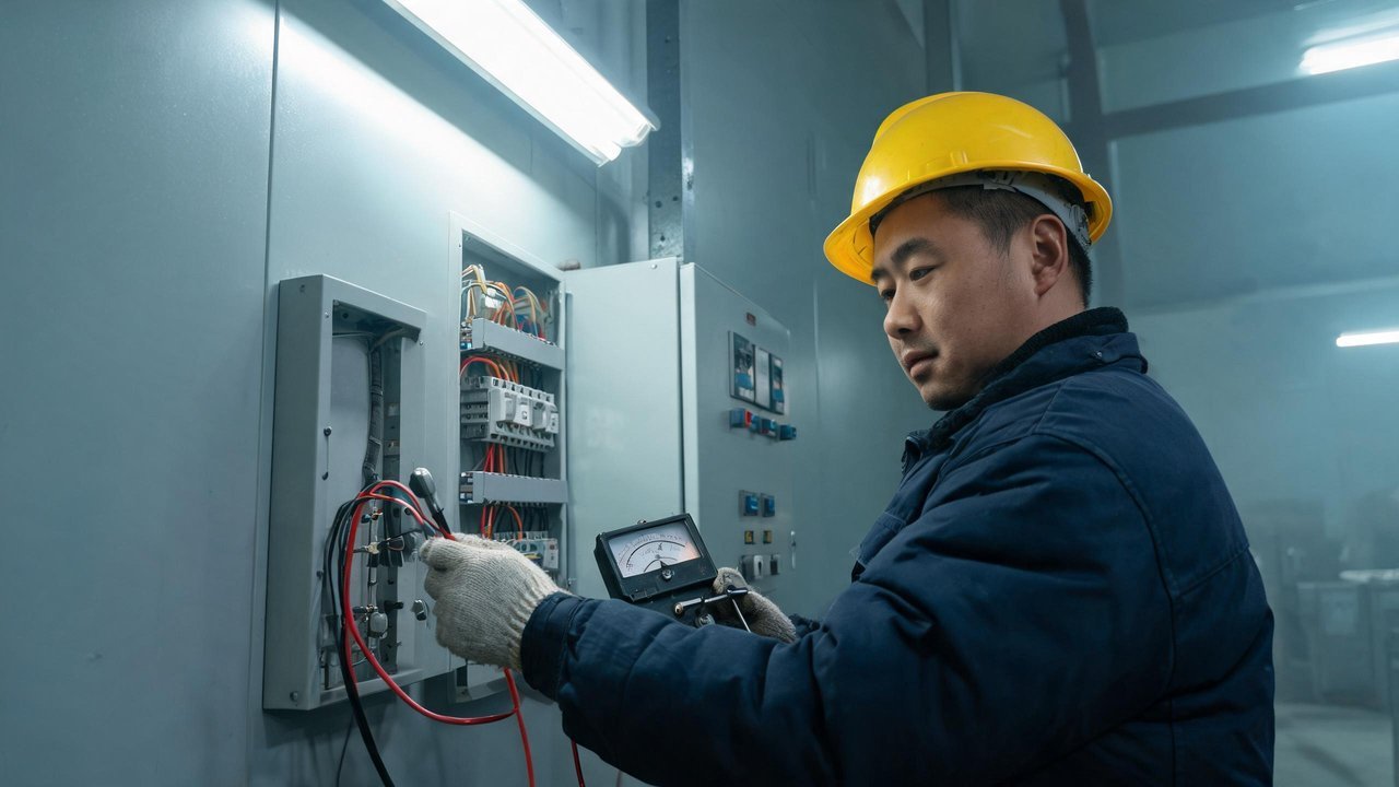 中国维修人员在配电间用兆欧表检测照明线路绝缘