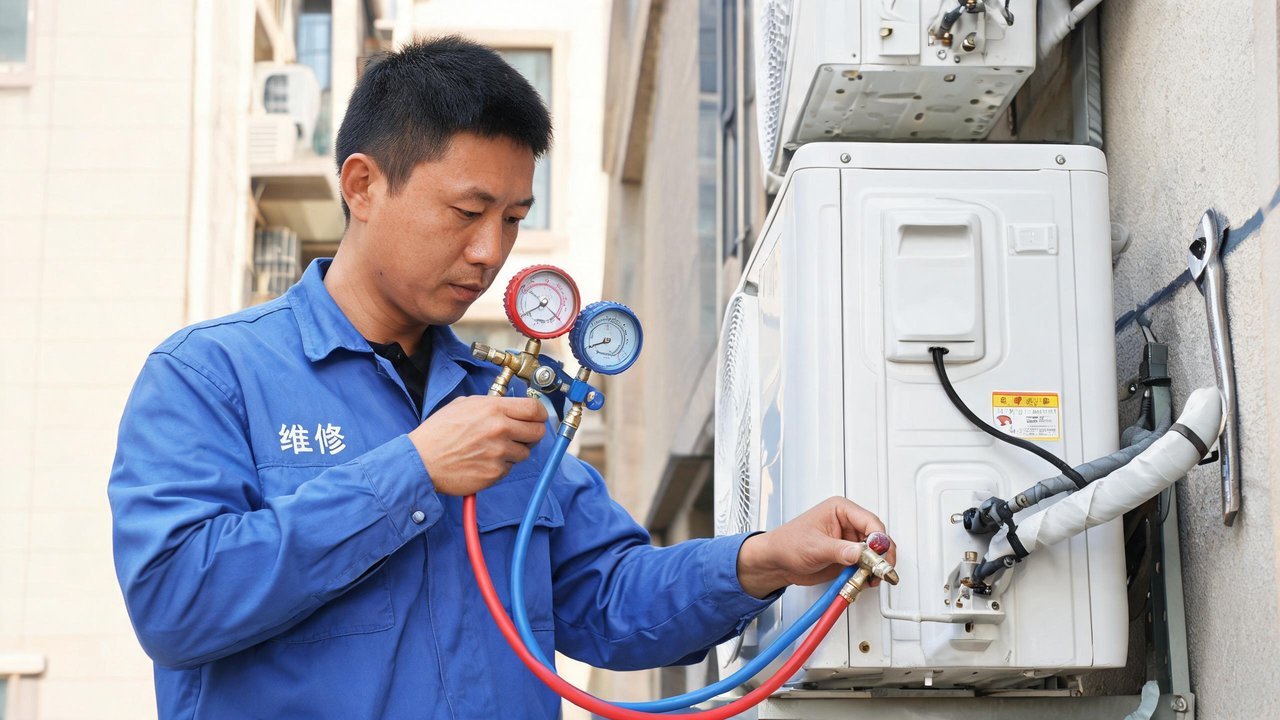 中国维修人员检修制冷设备读取压力参数