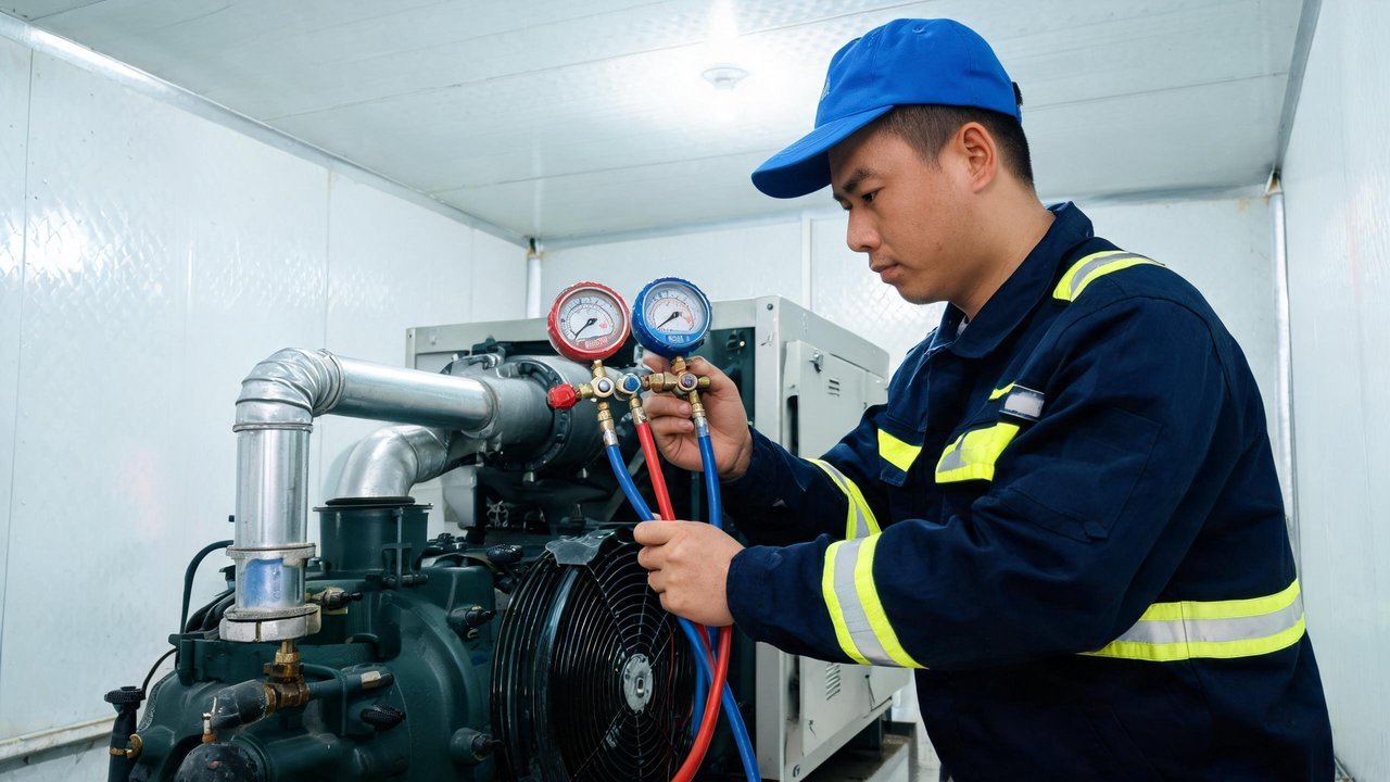维修技师用压力表检测高低压