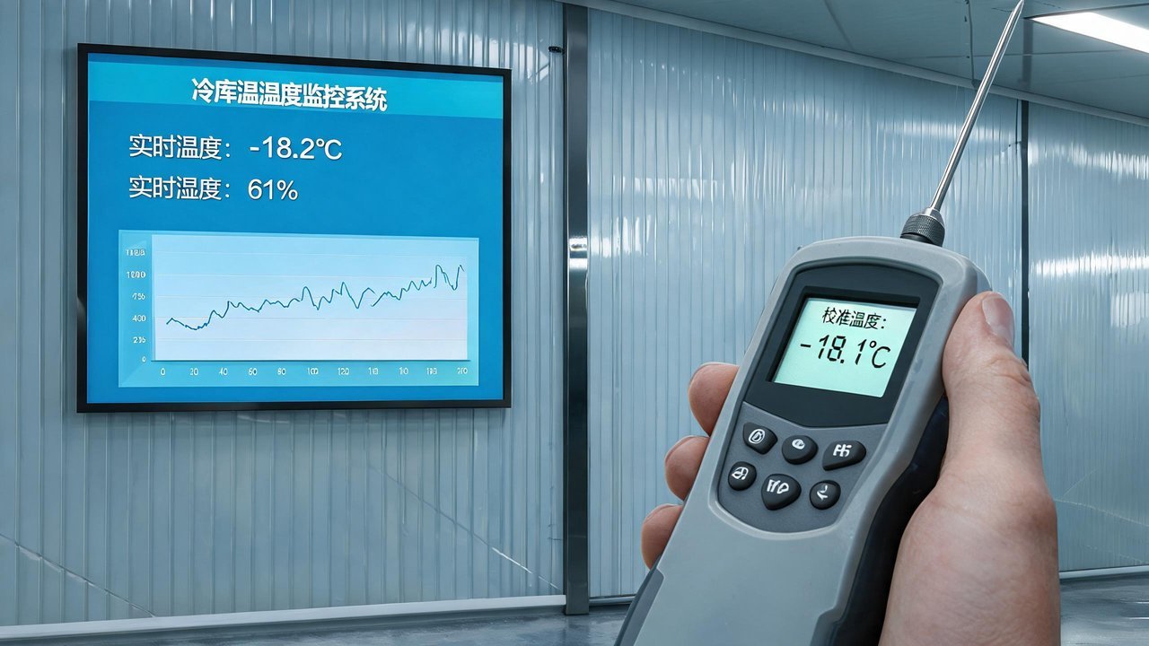 冷库温湿度监控大屏与手持校准温度计