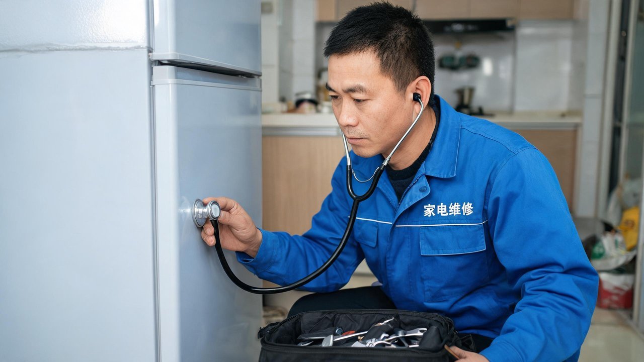 维修人员用听诊工具检查制冷设备异响