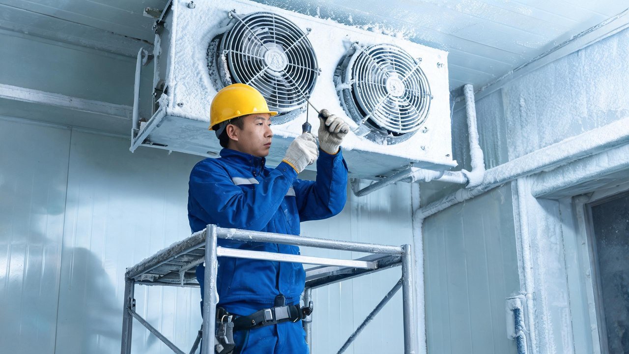 中国维修人员检修冷库冷风机