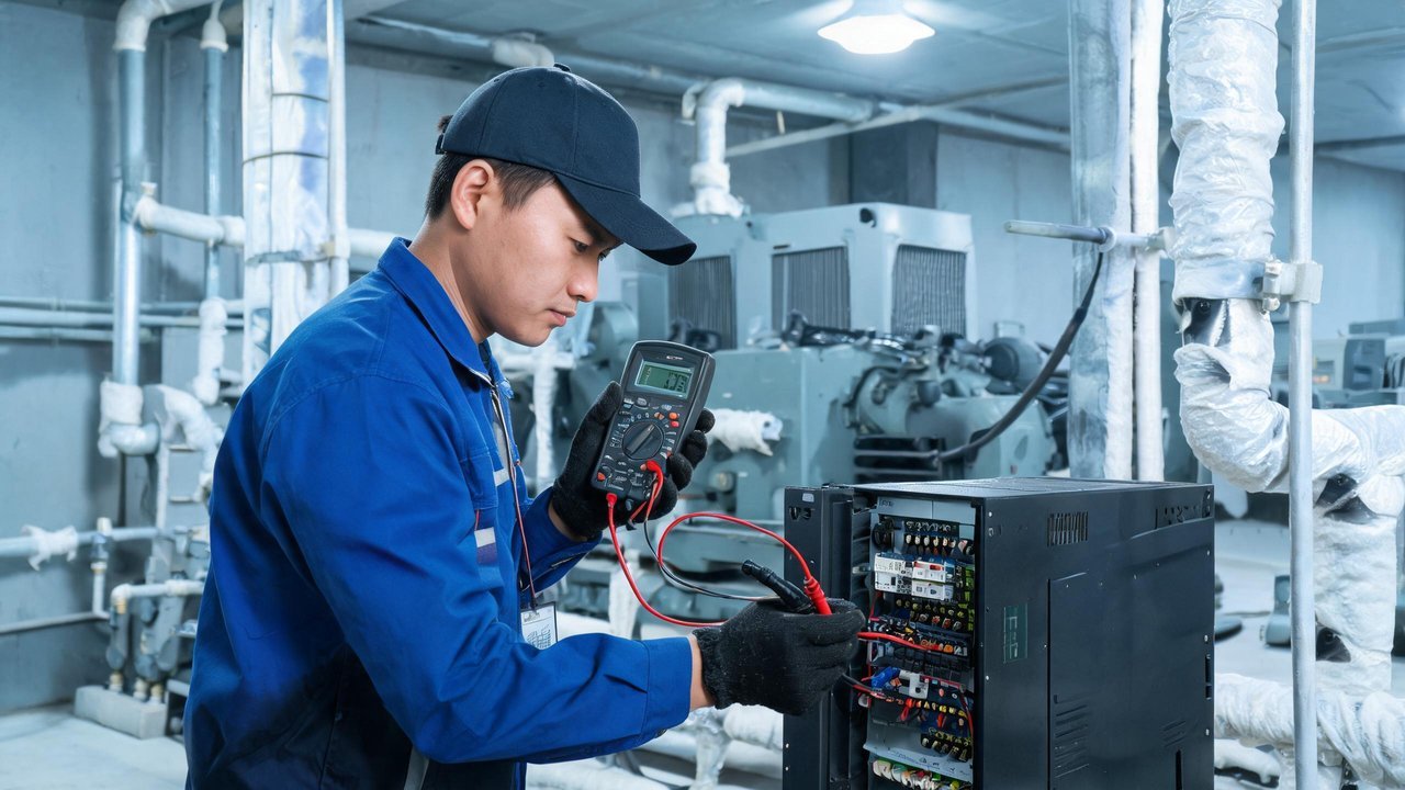 维修工程师用万用表检测变频器端子