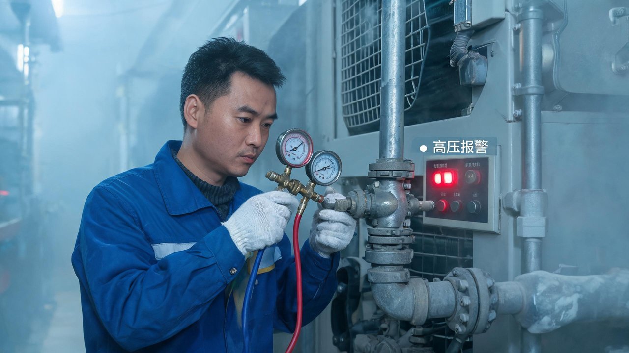 维修工程师排查制冷机组高压报警