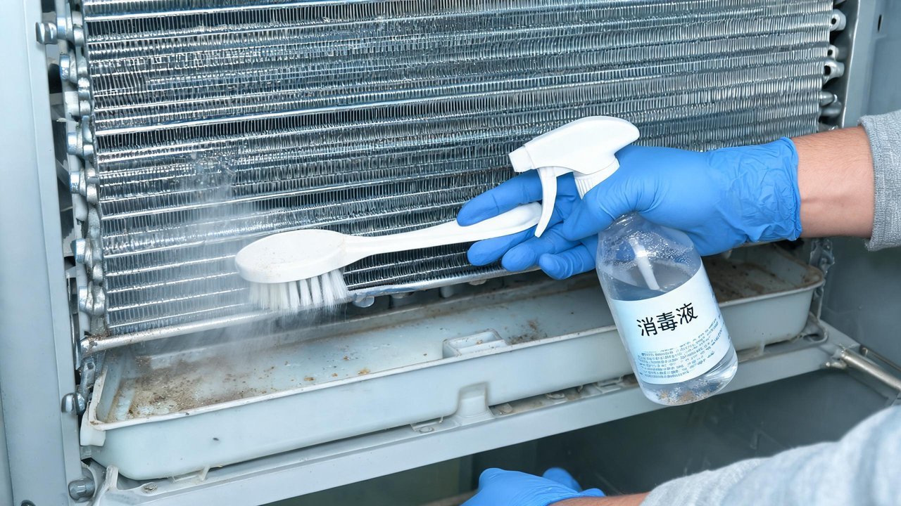 维修人员清洁蒸发器与接水盘