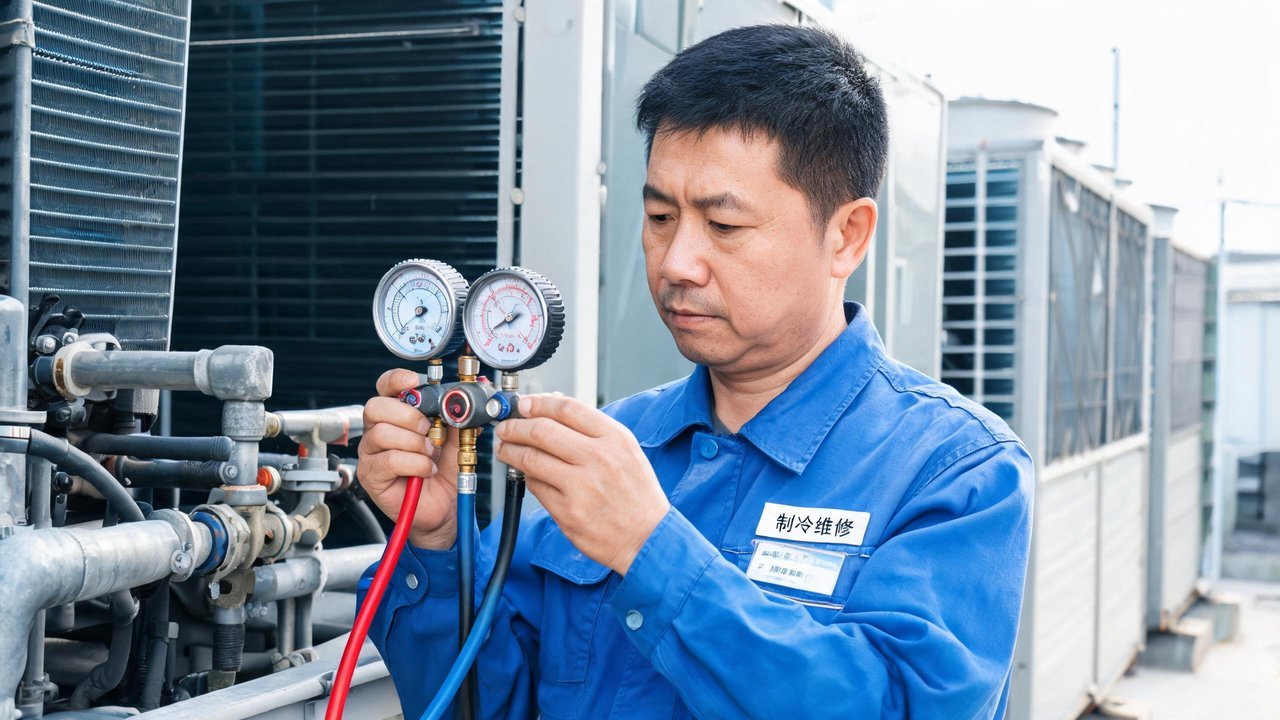 维修人员检查制冷机组压力参数