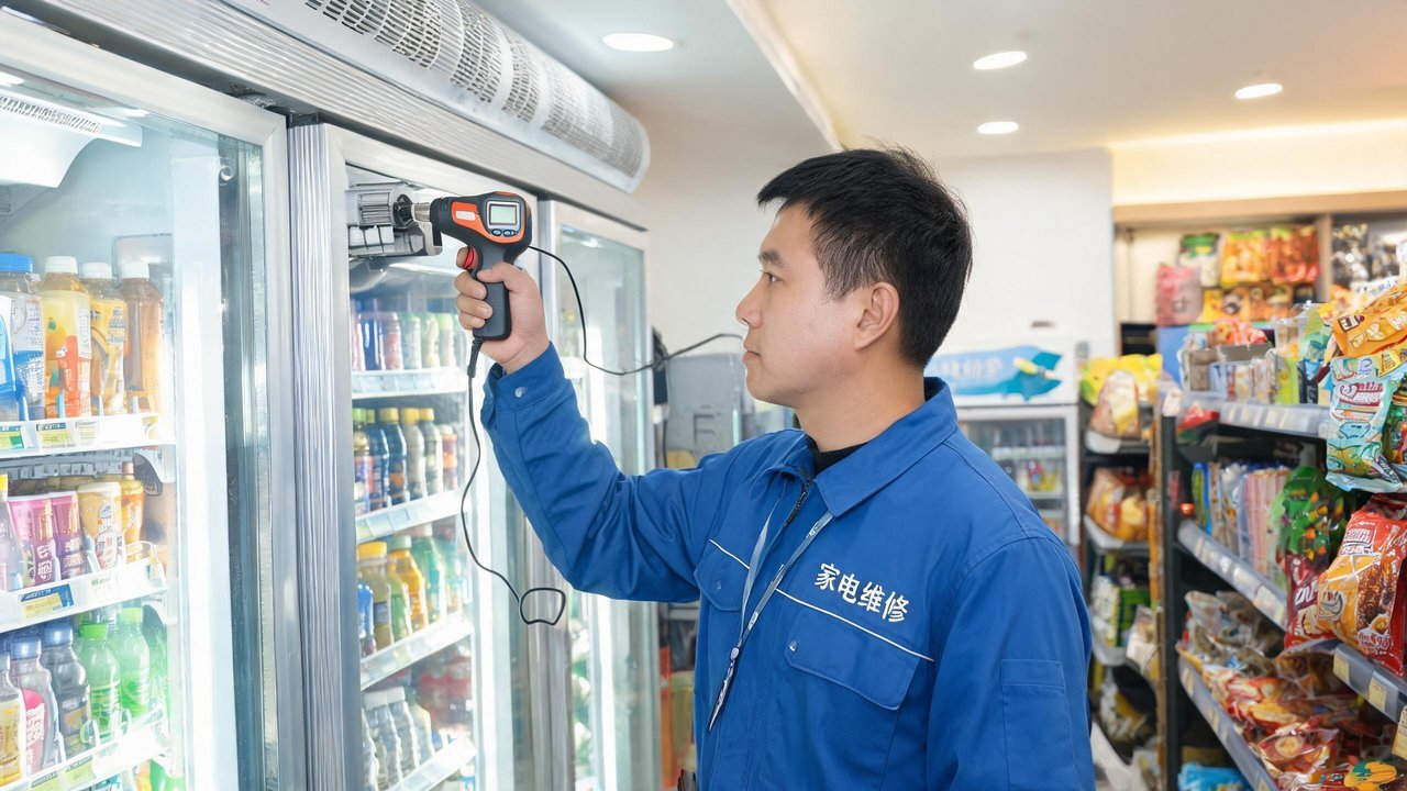 维修人员检修便利店制冷设备