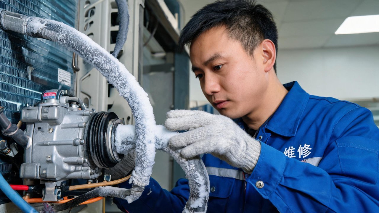 维修技师检查压缩机吸气管结霜