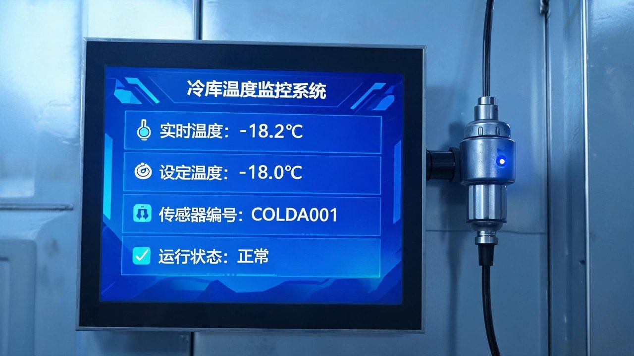 冷库温度监控显示屏与传感器特写
