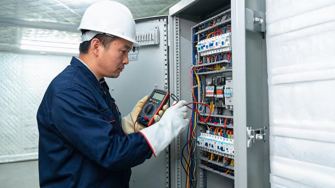 维修师傅用万用表检测配电柜