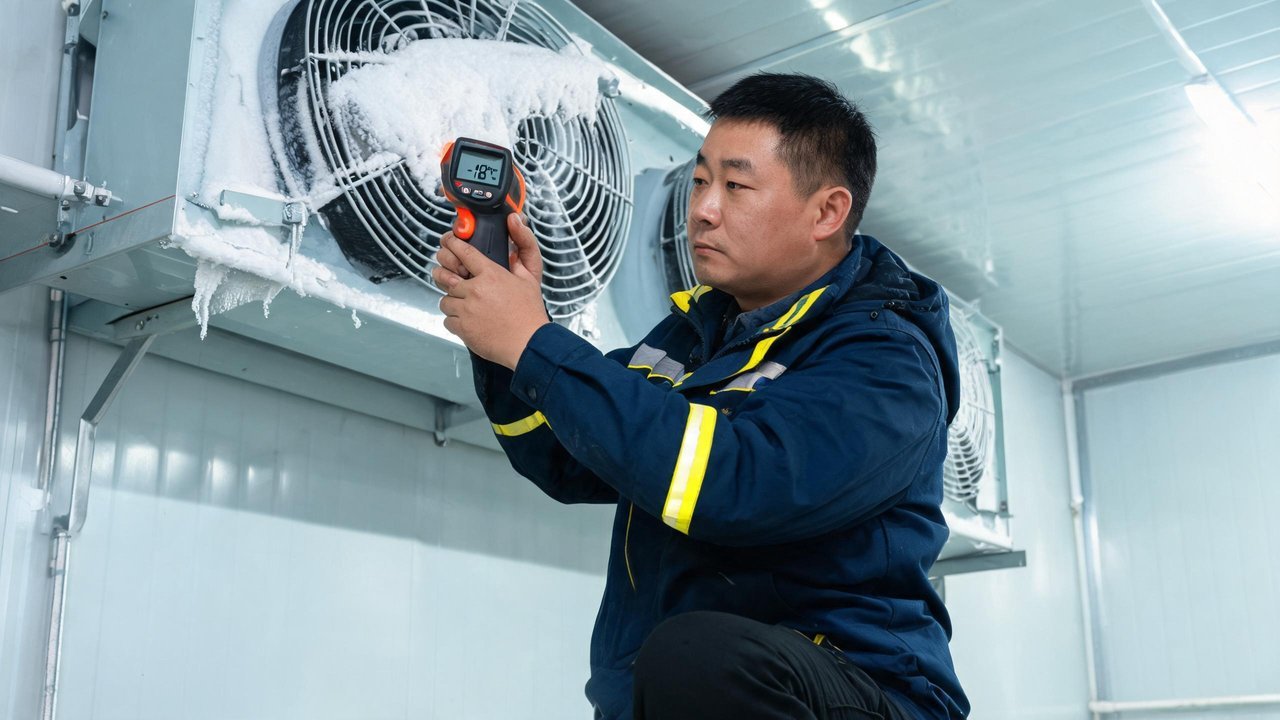 维修人员用红外测温仪检测结霜