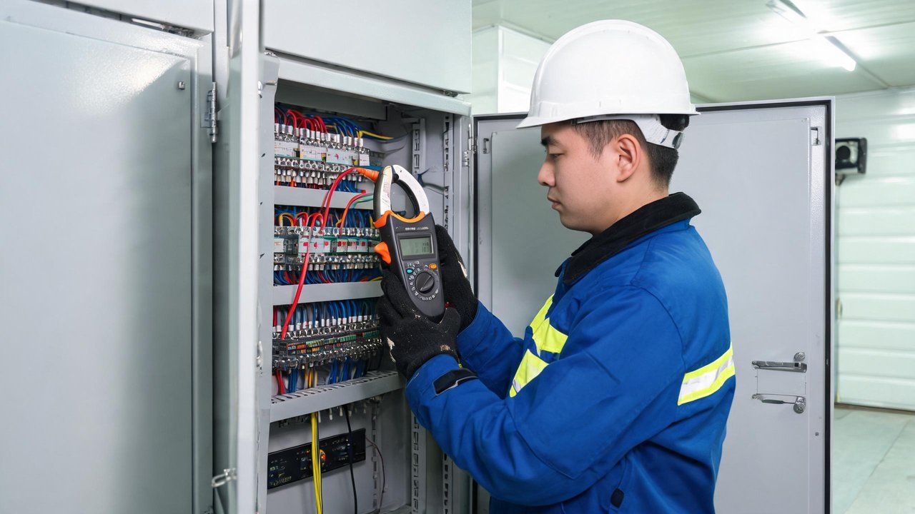 维保技师用钳形电流表检测配电柜