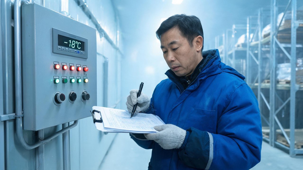 巡检人员在冷库控制面板前核对温度记录