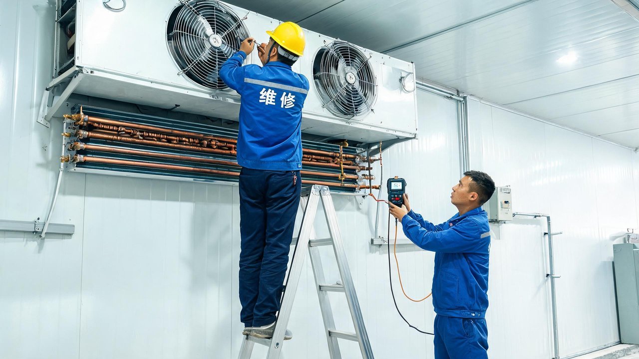 维修人员检修冷库蒸发器与冷风机