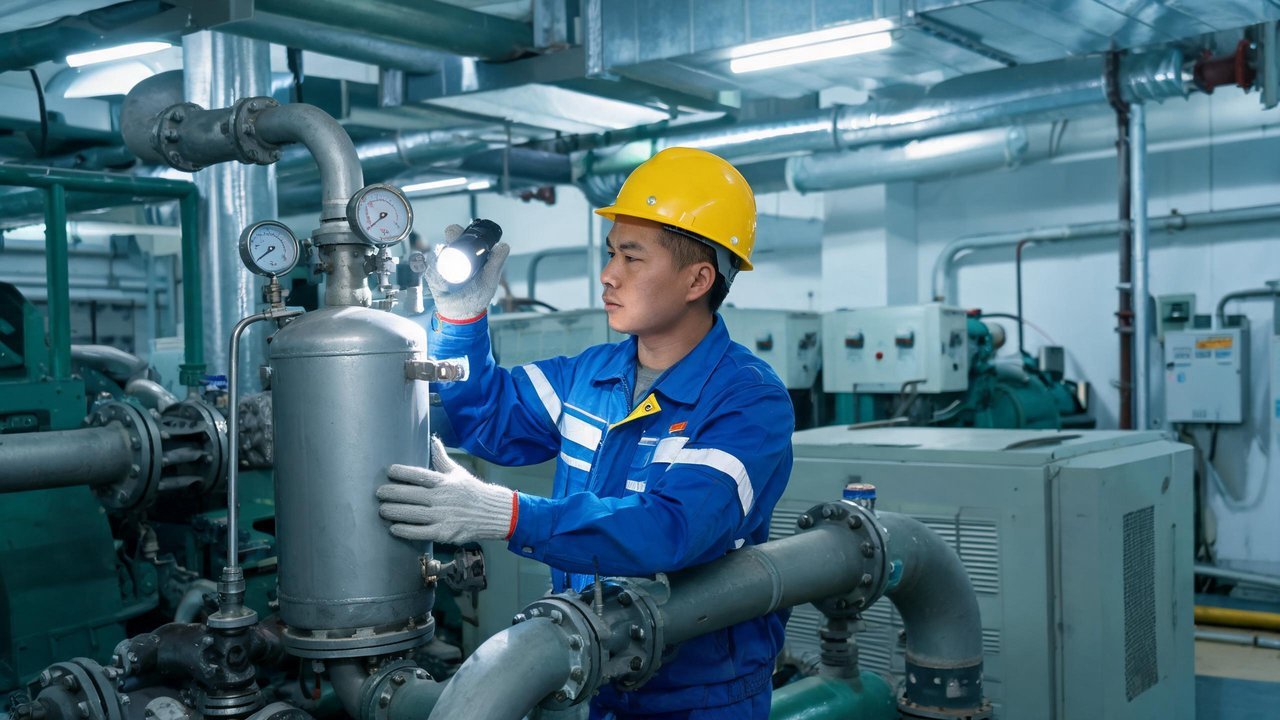 维修人员检查制冷机组油分离器