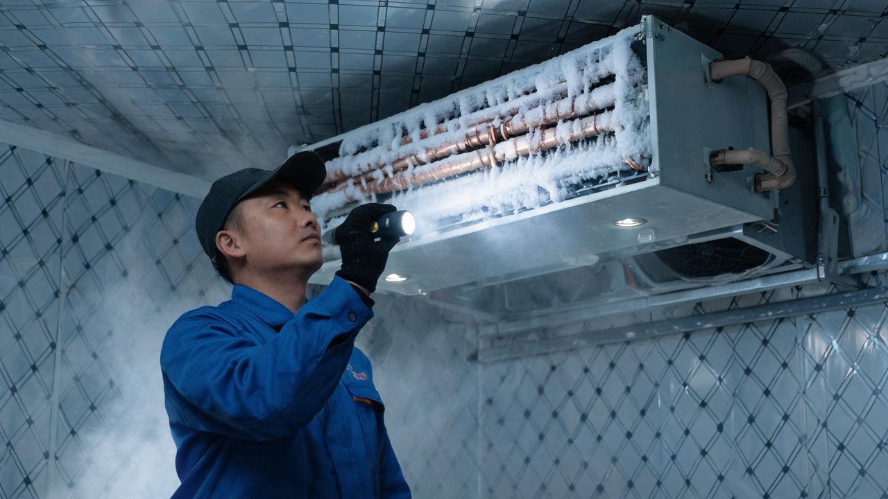 维修师傅检查冷风机蒸发器结霜