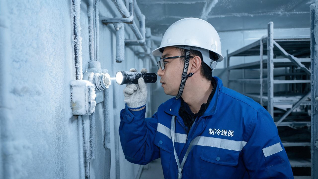 中国制冷维保师傅检查库内温度探头结霜