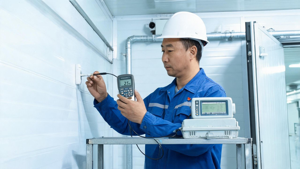 中国维修人员校准冷库温度传感器与记录仪