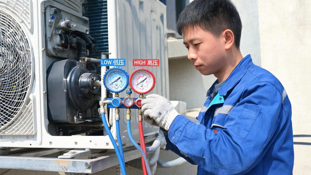 维修师傅用压力表检测压缩机高低压