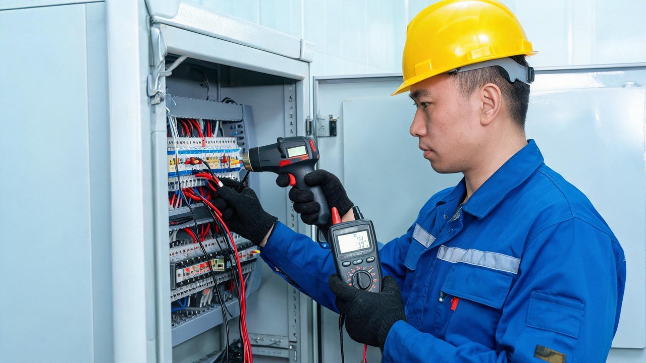 维修工程师用万用表和红外测温枪检查配电柜端子排