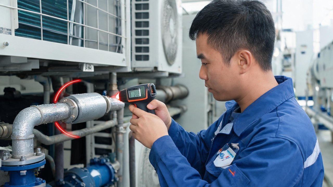 维保师傅用测温枪检查过滤器进出口温差